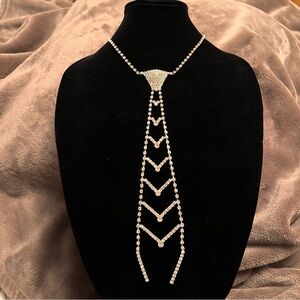 COSTUME Silver Crystal Rhinestone Neck Tie Necklace | Chunky Maximalist Style